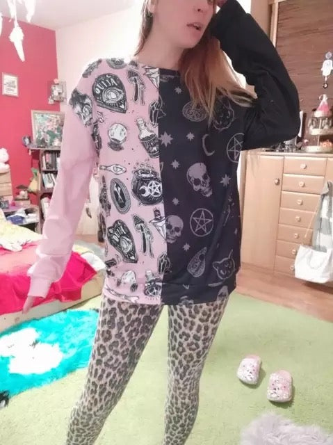 Skull Magic Witch Cartoon Print Patchwork Loose Sweater Sweatshirt Long Sleeve Pullover Goth Punk E-Girl Kawaii Korean Japanese Harajuku Streetwear