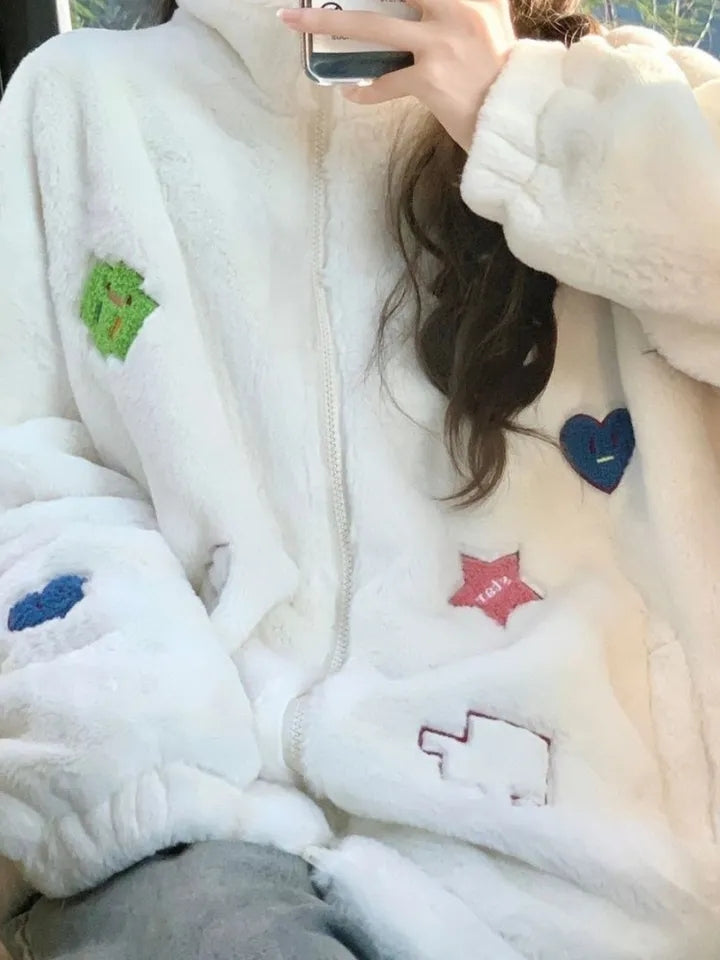 White Embroidery Zip Up Fluffy Fleece Jacket