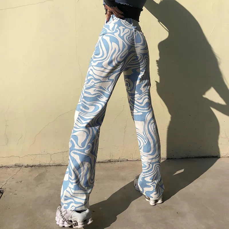 Blue & White Zebra Print High Waist Pants