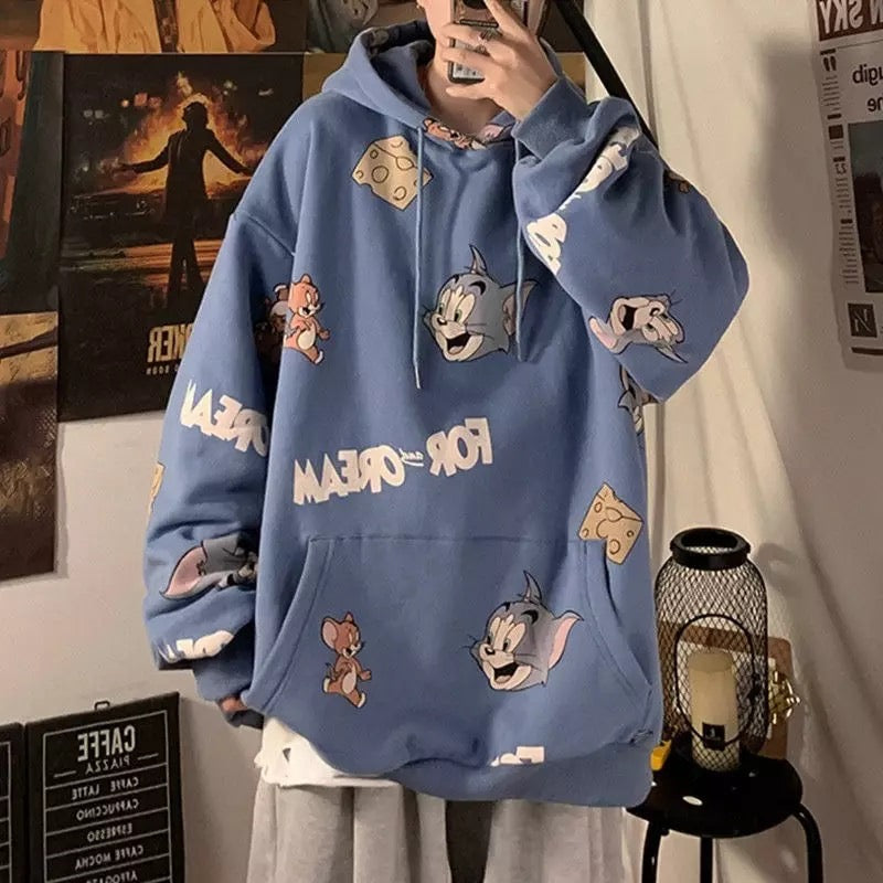 Cute Funny Cat Mouse Print Cartoon Oversized Loose Hoodie Sweatshirt Pullover Sweater Casual E-Girl Kawaii Korean Japanese Harajuku Streetwear