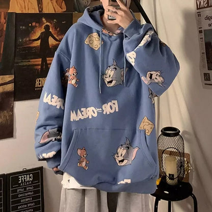 Cute Funny Cat Mouse Print Cartoon Oversized Loose Hoodie Sweatshirt Pullover Sweater Casual E-Girl Kawaii Korean Japanese Harajuku Streetwear
