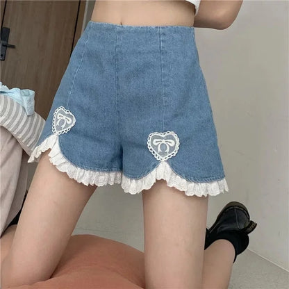 Cute Sweet Heart Lace Cut Out Denim Blue Shorts High Waist Bottoms Vintage Aesthetic Casual Summer E-Girl Kawaii Korean Japanese Harajuku