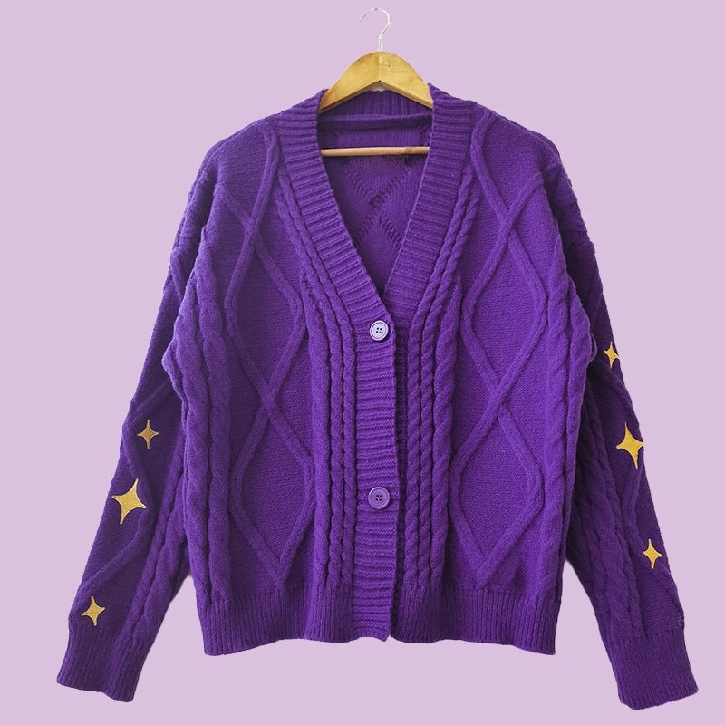 Purple Star Embroidery Button Cardigan