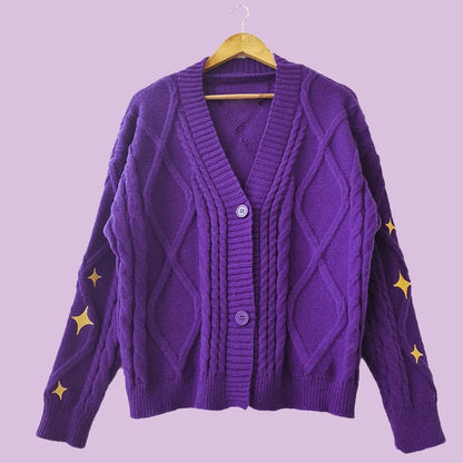 Purple Star Embroidery Button Cardigan