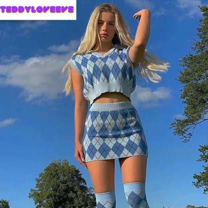 Cute Vintage 90s Argyle Plaid 2 Piece Co-ord Set Knit Sleeveless Tank Crop Top Mini Skirt Aesthetic E-Girl Kawaii Korean Japanese Harajuku Streetwear