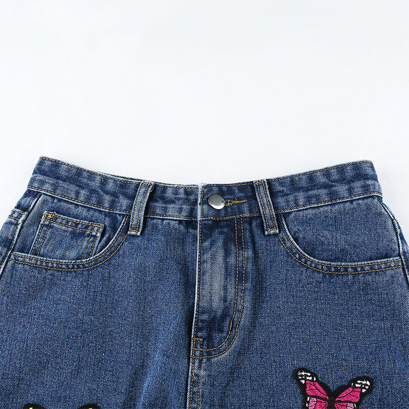 Butterfly Embroidery High Waist Denim Jeans