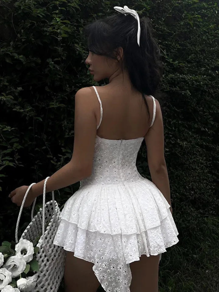 White Floral Lace Layered Dress