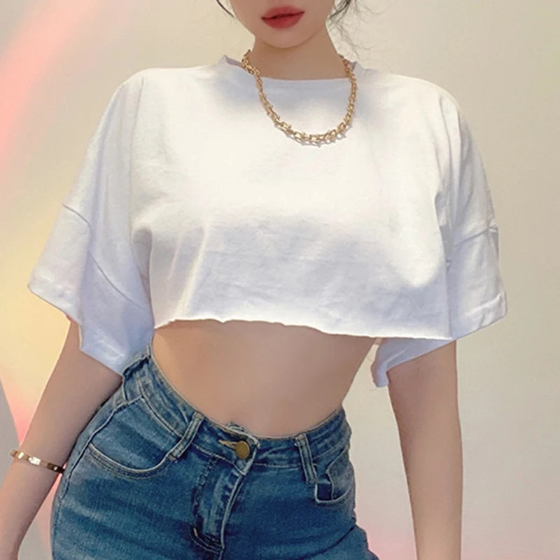 White Loose Cropped Short Sleeve Shirt