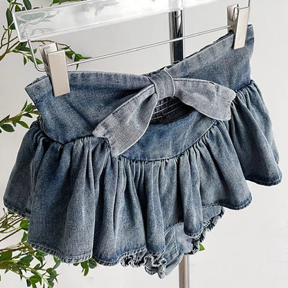 Denim Bow Ruffle Low Waist Skirt