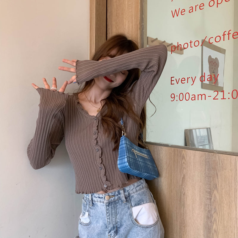 Cute V Neck Knit Casual Thin Sweater Cardigan Shirt Tee T-shirt E-Girl Kawaii Korean Japanese Harajuku Chinese Retro Streetwear