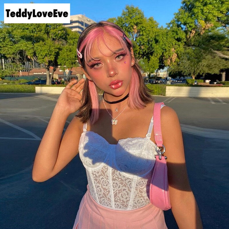 Cute Sexy Floral Lace Corset Camisole Tank Crop Top Sleeveless Shirt Bodycon Goth Punk Summer Casual E-Girl Kawaii Korean Japanese Harajuku Streetwear