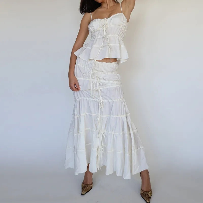 2PCS White Ruffle Camisole + High Waist Long Skirt