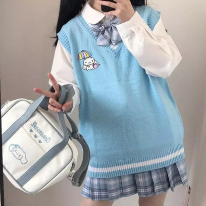 Cute Anime Cartoon Print Knit Vest Sweater Crop Top V Neck Sleeveless Shirt Aesthetic Casual Summer E-Girl Kawaii Korean Japanese Harajuku