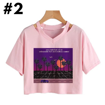 Cute Vintage Mountain Road Moon Night Sky Print Crop Top Short Sleeve Shirt Aesthetic Casual E-Girl Kawaii Korean Japanese Harajuku