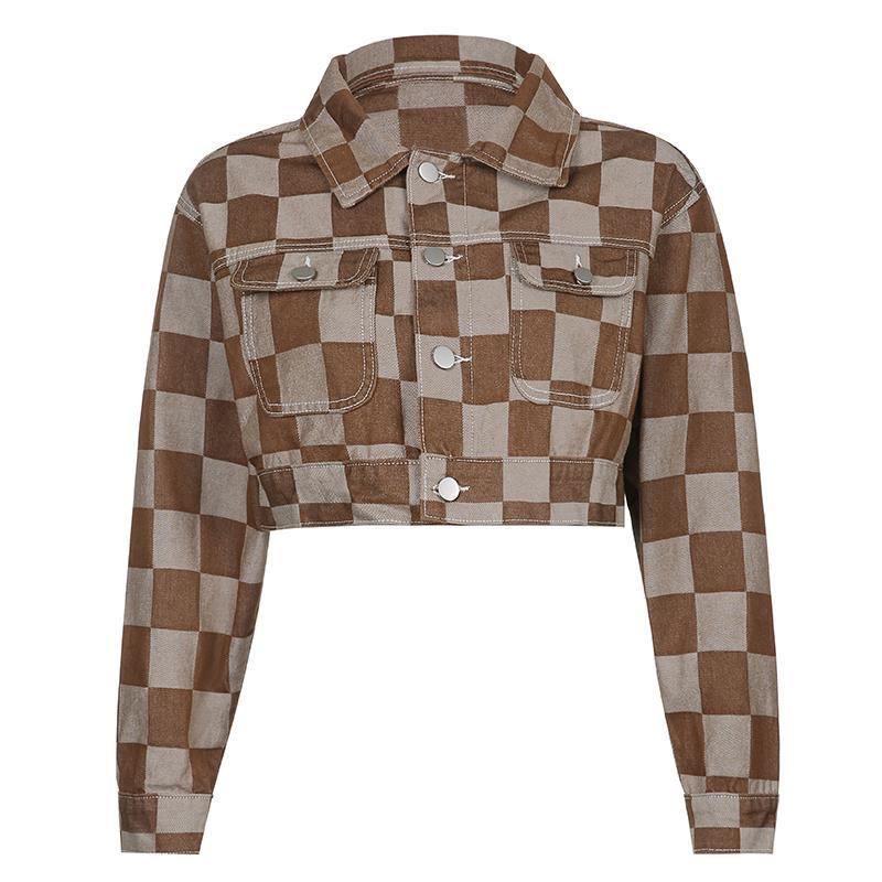 Brown Checkboard Cropped Denim Jacket