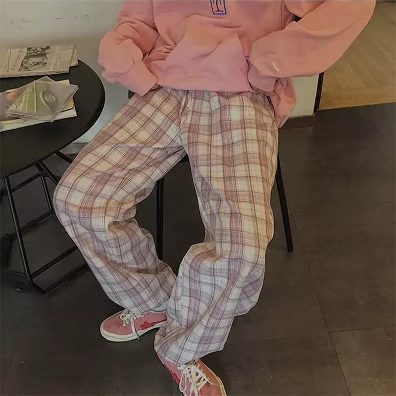 Cute Pastel Pink Checkered Plaid Pants Autumn Punk High Waisted Causal Loose Trouser Hip Hop Bottoms E-Girl Kawaii Korean Japanese Harajuku Streetwear