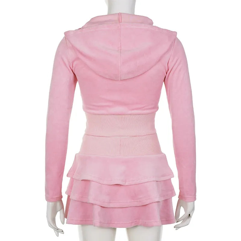 2PCS Pink Zipper Hoodie + Tiered Mini Skirt Set