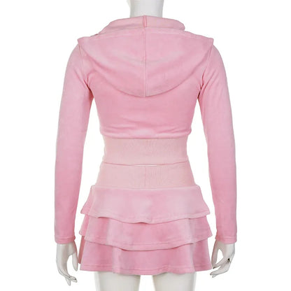 2PCS Pink Zipper Hoodie + Tiered Mini Skirt Set