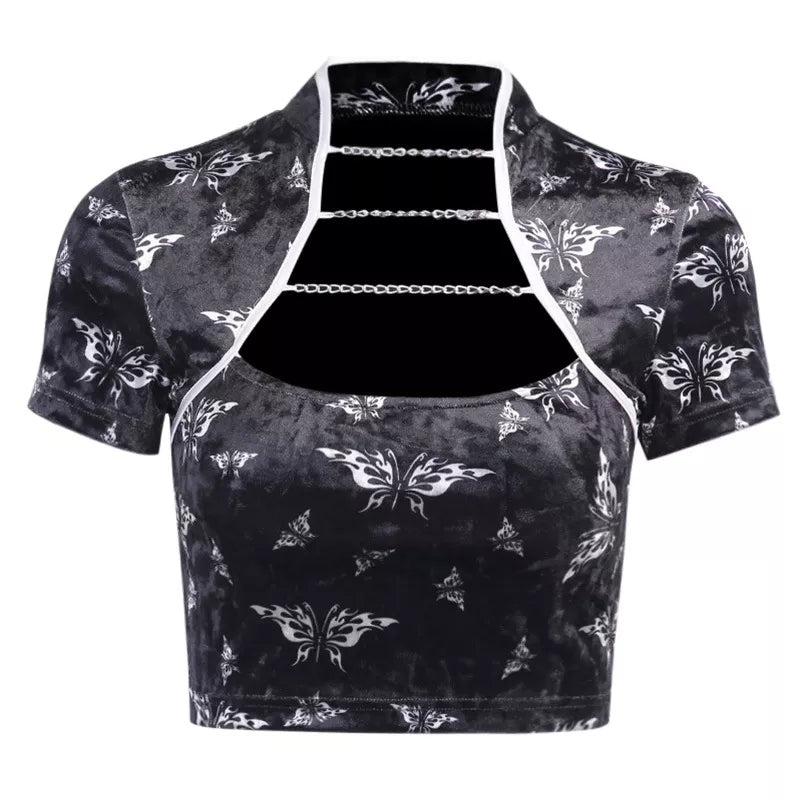 Cute Chinese Style Butterfly Crop Top Short Sleeve Shirt Blouse Summer Aesthetic Casual E-Girl Kawaii Korean Japanese Harajuku