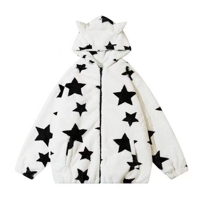 3D Star Ear Print Plush Hood Jacket