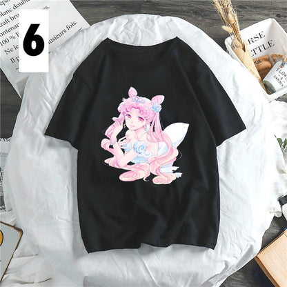 Anime Girl Cartoon Print Aesthetic Loose Short Sleeve Shirt T-shirt Top Punk Goth Summer Casual E-Girl Kawaii Korean Japanese Harajuku Streetwear