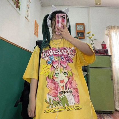 Cute Anime Girl Cartoon Graphic Print Retro Vintage White Oversize T- Shirt Top Aesthetic Casual Summer E-Girl Kawaii Korean Japanese Harajuku