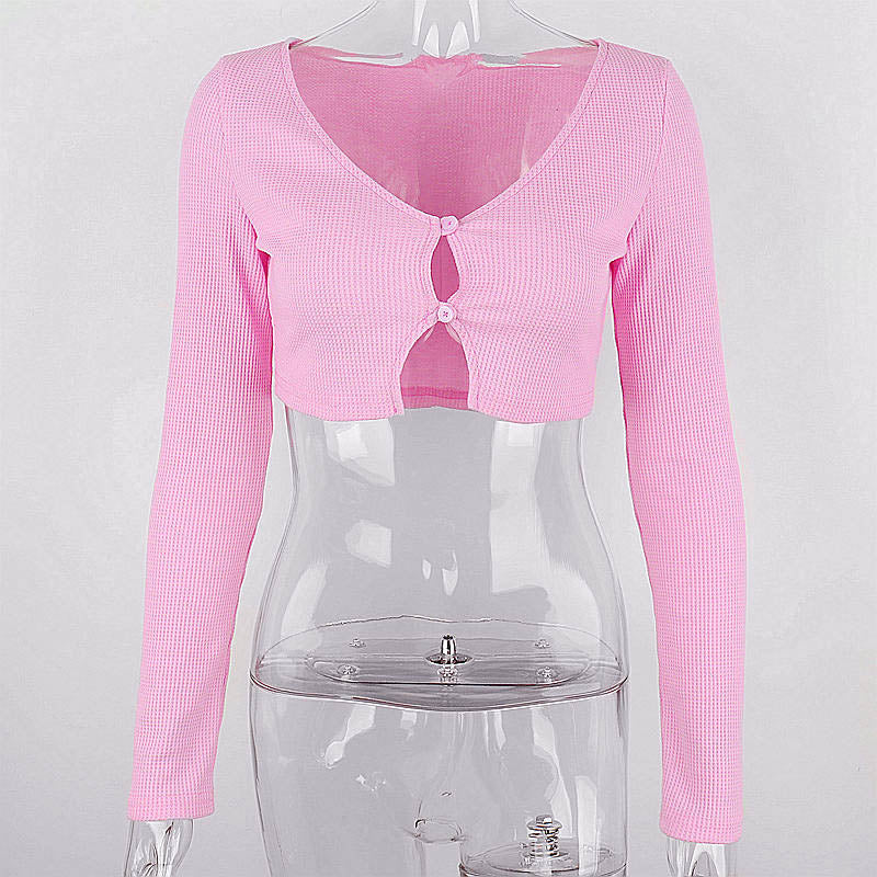 Pink Ribbed Long Sleeve Crop Top