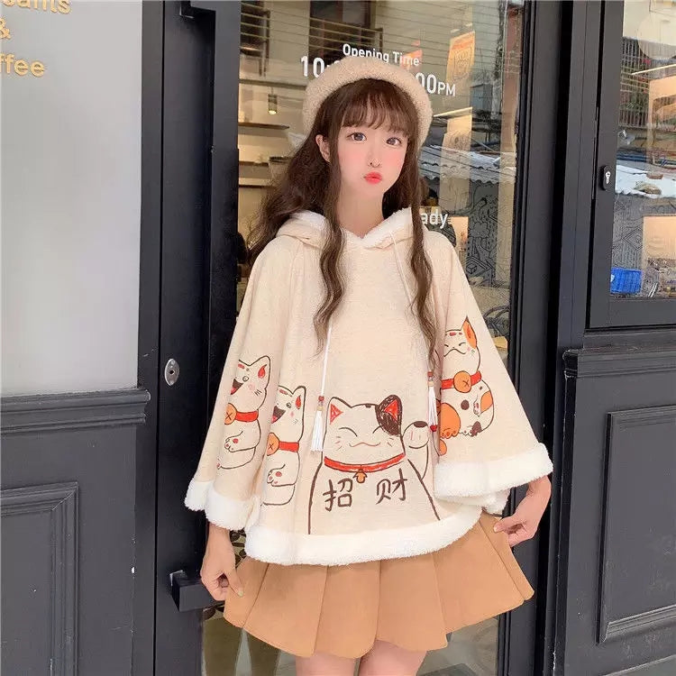 Cute Lucky Cat Ears Cloak Hoodie Pullover Sweatshirt Autumn Winter Aesthetic Casual E-Girl Kawaii Korean Japanese Harajuku