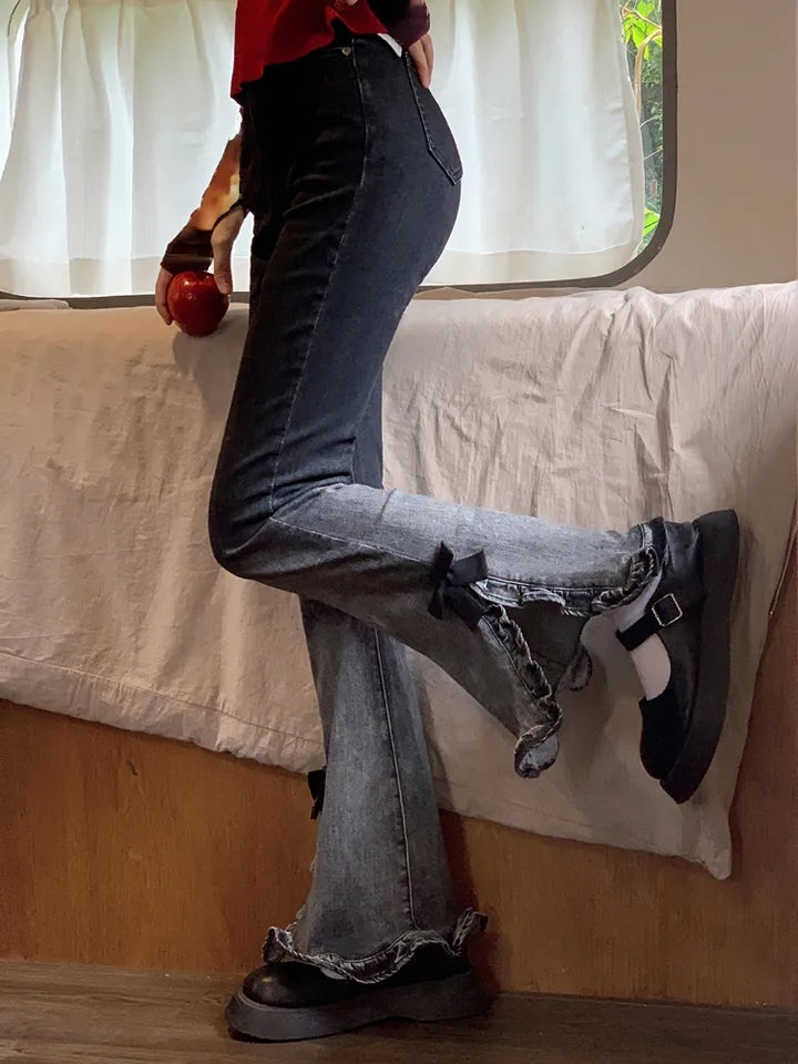 Sweet Bow High Waist Flare Denim Jeans