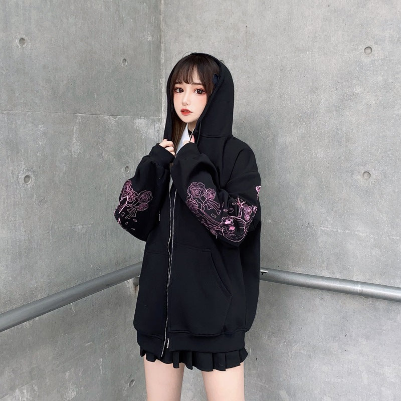 Black Skull Sword Print Zip Up Hoodie