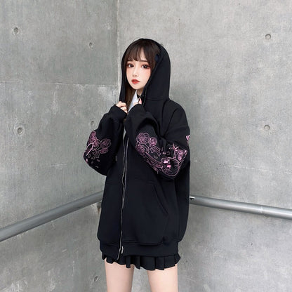 Black Skull Sword Print Zip Up Hoodie