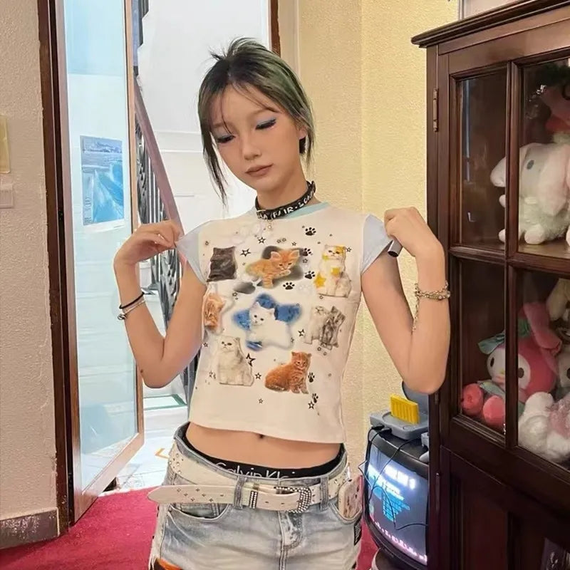 Cat Print Patchwork Short Sleeve T-shirt