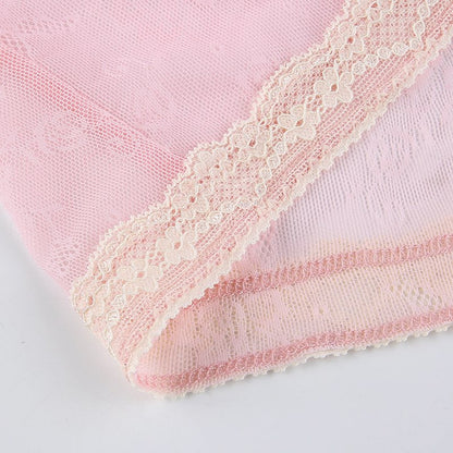 Cute Sexy Pink Sweet Lace Trim Bow Crop Top V Neck Transparent Sleeveless Shirt Summer Party E-Girl Kawaii Korean Japanese Harajuku Streetwear