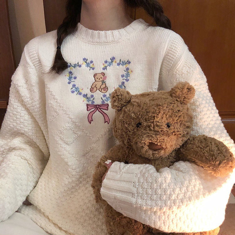 Heart Bear Flower Bow Embroidery Knit Sweater