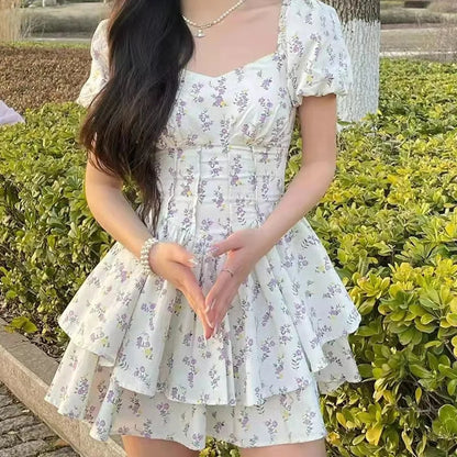 Floral Print Square Neck Puff Sleeve Dress