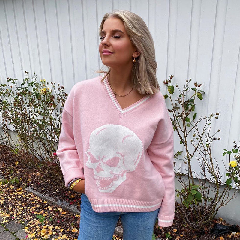 Skull Knit Oversized Loose Sweater Sweatshirt Long Sleeve Pullover Goth Punk Autumn Fall E-Girl Kawaii Korean Japanese Harajuku Streetwear