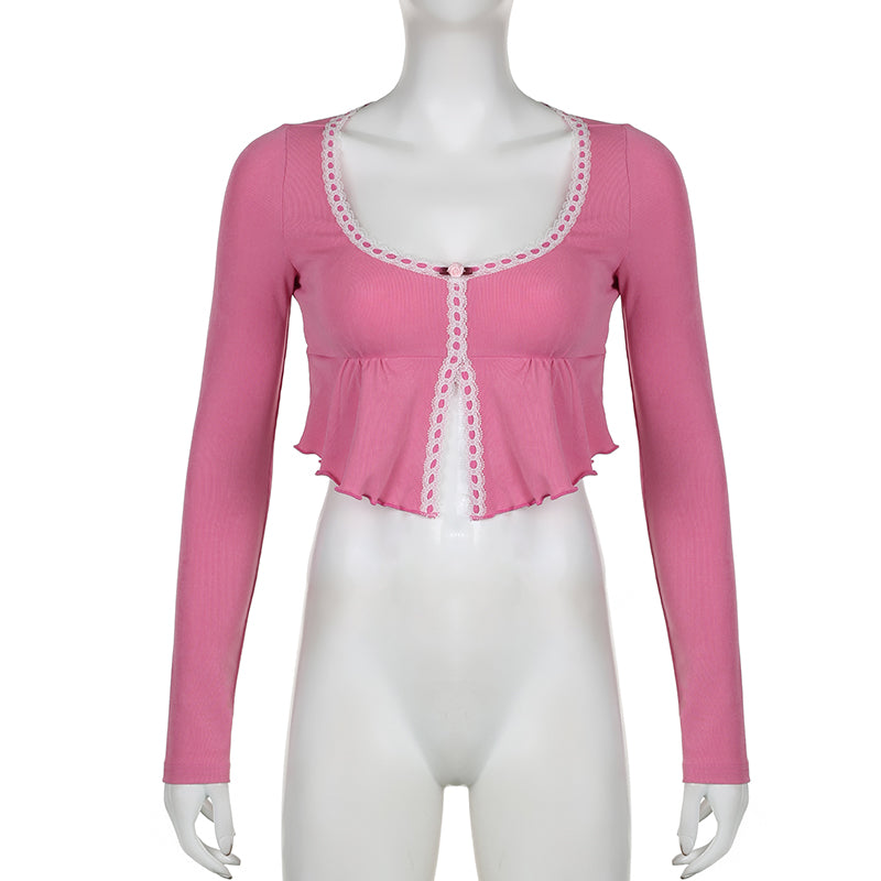 Pink Frill Lace Long Sleeve Crop Top