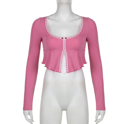 Pink Frill Lace Long Sleeve Crop Top