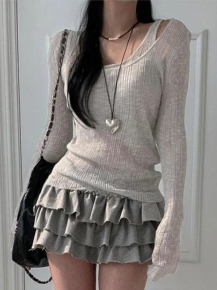Grey Ribbed 2PCS Long Sleeve Shirt