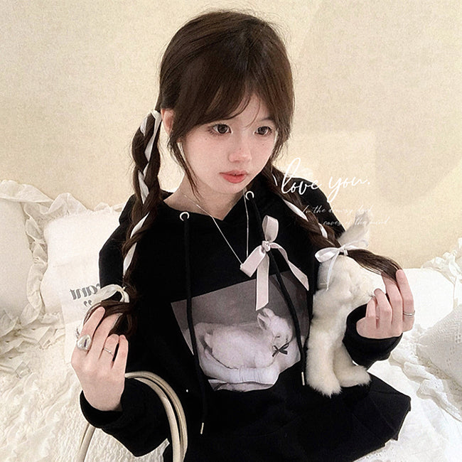Black Rabbit Bow Loose Hoodie