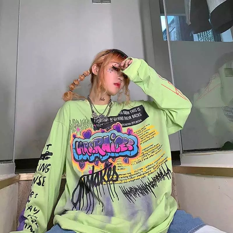 Cute Graffiti Art Graphic Print Punk Baggy Hip Hop Oversized Long Sleeve Tee Shirt T-shirt Top E-Girl Kawaii Korean Japanese Harajuku Streetwear