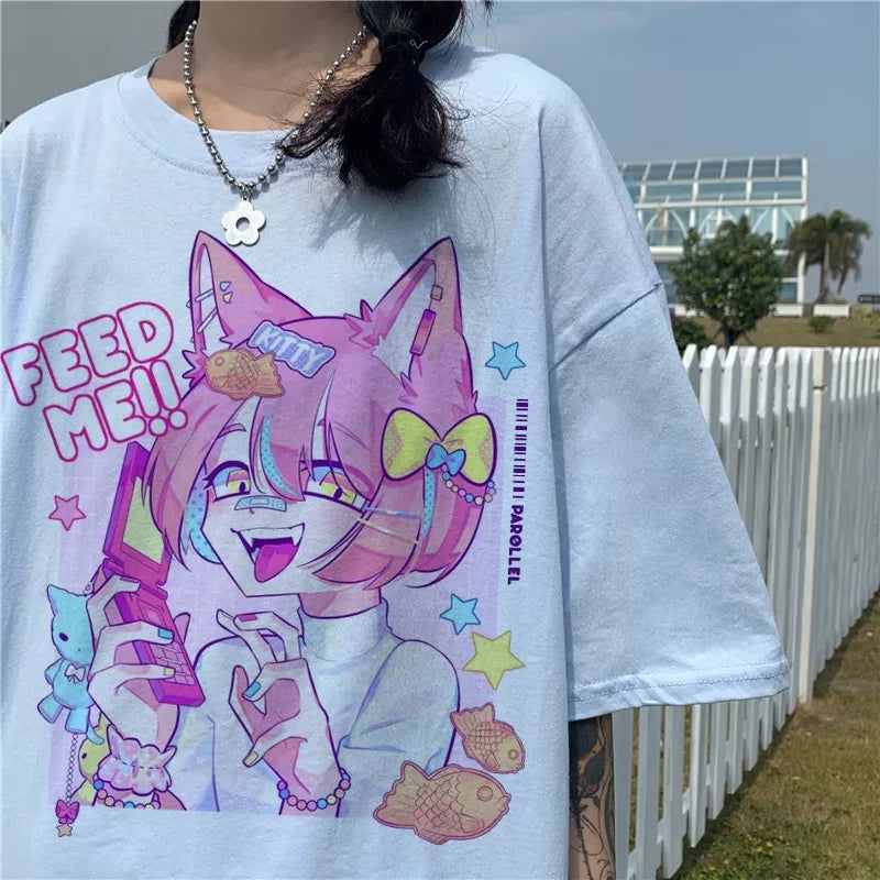 Cute Pastel Sweet Fox Anime Girl Cartoon Print Short Sleeve T-shirt Loose Punk Aesthetic Casual Summer E-Girl Kawaii Korean Japanese Harajuku