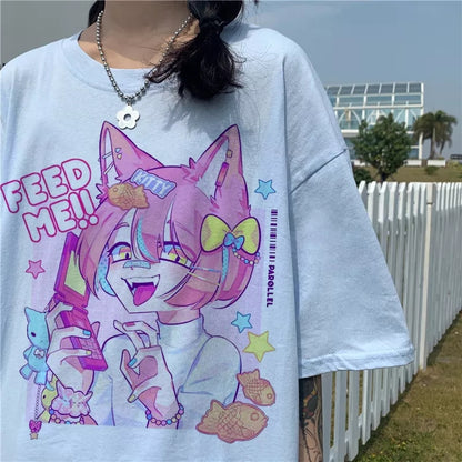 Cute Pastel Sweet Fox Anime Girl Cartoon Print Short Sleeve T-shirt Loose Punk Aesthetic Casual Summer E-Girl Kawaii Korean Japanese Harajuku