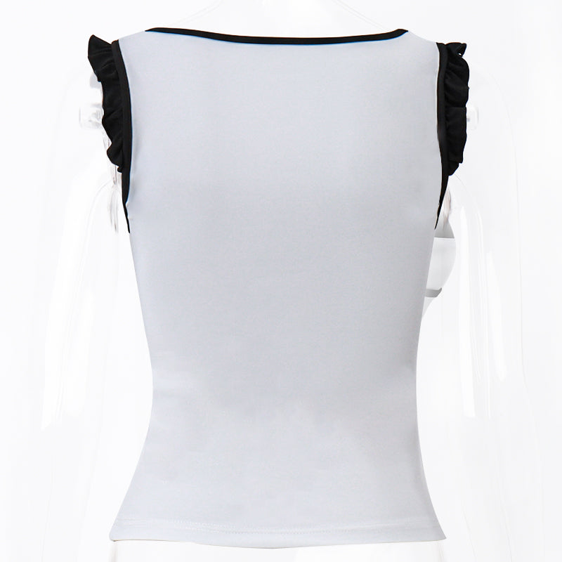 White & Black Patchwork Lace Square Neck Top
