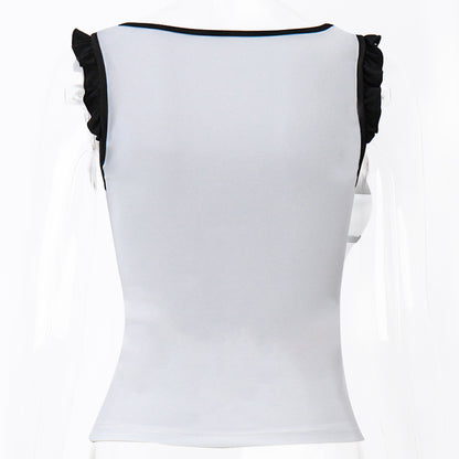 White & Black Patchwork Lace Square Neck Top