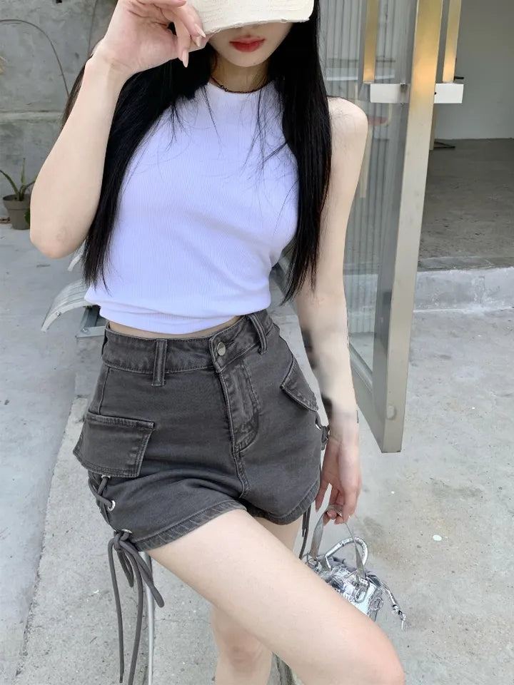 Lace Up High Waist Denim Shorts