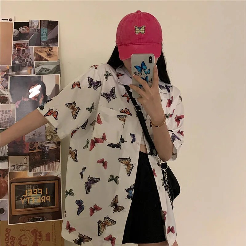 Cute Vintage White Butterfly Print Button Up Pocket Blouse Short Sleeve Shirt Top Loose Aesthetic E-Girl Kawaii Korean Japanese Harajuku Streetwear
