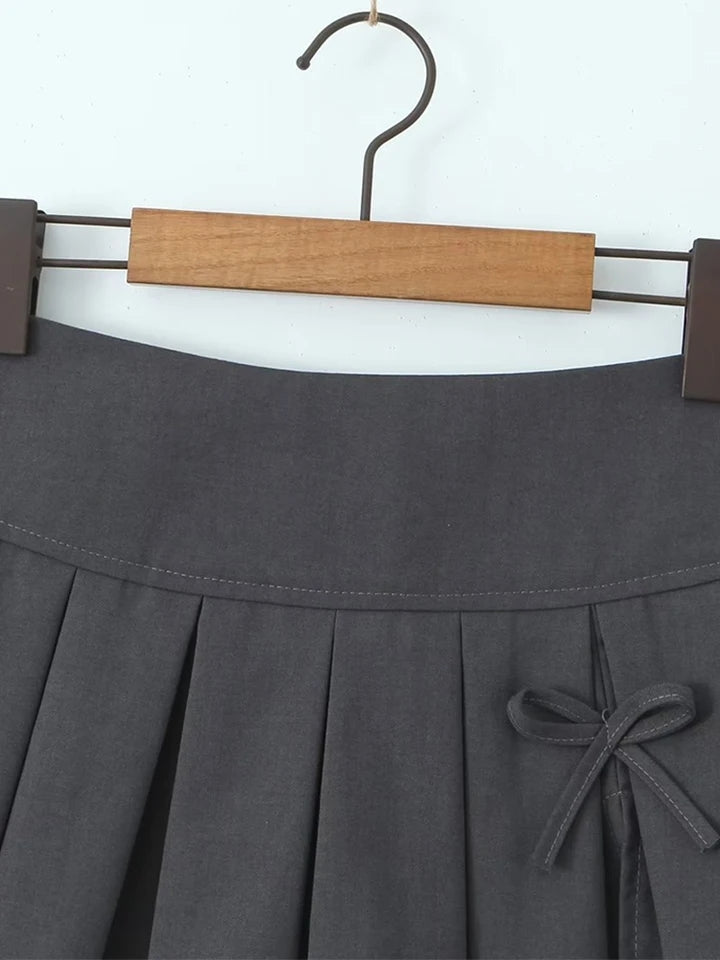 Grey Bow Low Waist Tiered Pleated Skirt