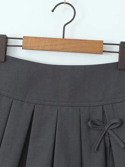 Grey Bow Low Waist Tiered Pleated Skirt