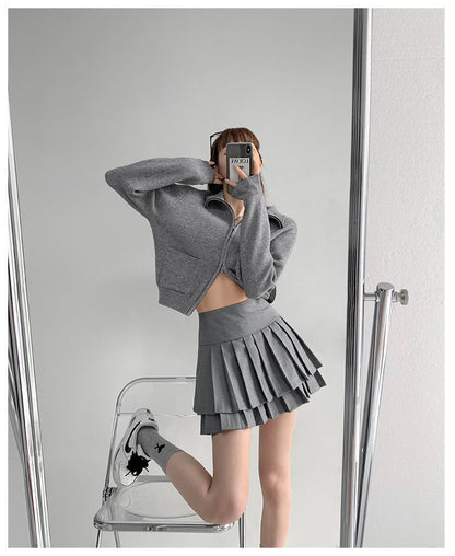 Preppy Double Pleated High Waisted Mini Skirt Aesthetic Casual E-Girl Kawaii Korean Japanese Harajuku